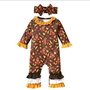 Baby Girls Happy Thanksgiving Romper One-Piece Ruffles Turkey Headband